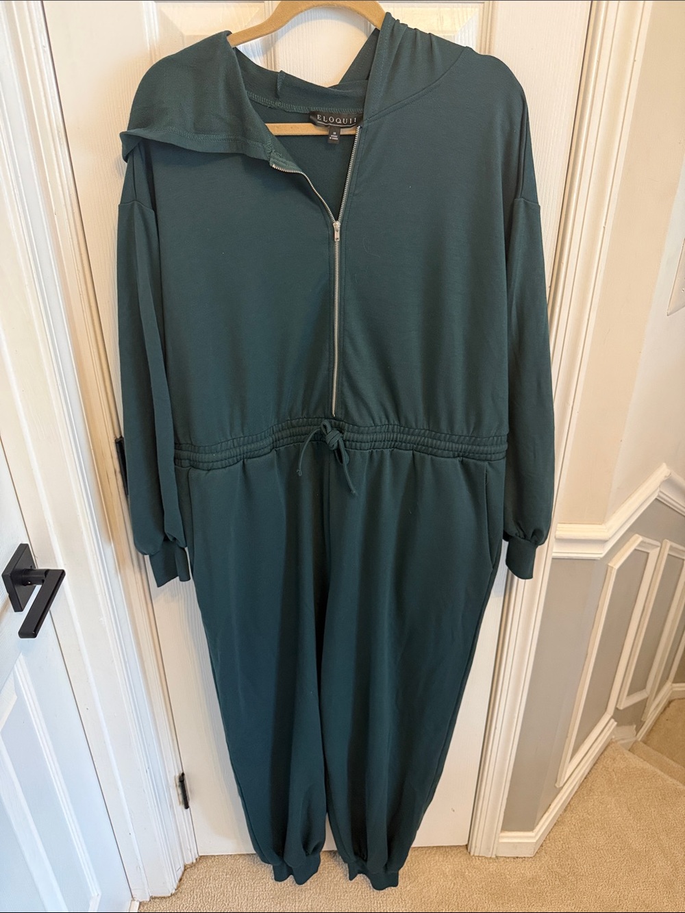 Eloquii Forest Green Knit Hooded Half Zip Jumpsuit Sz 18